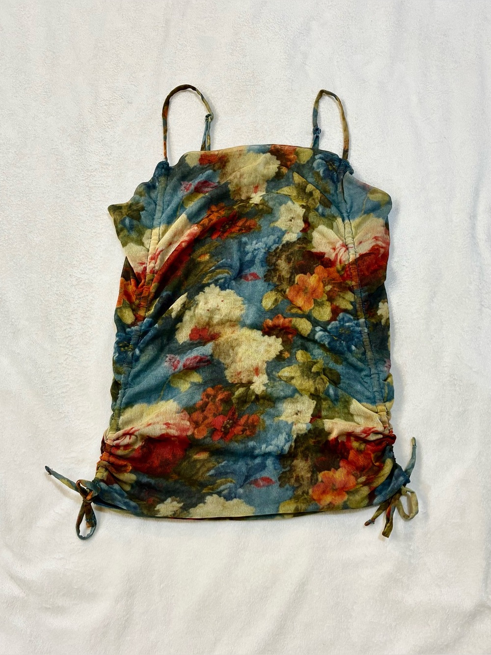 Urban Outfitters Floral Mesh Top Ruched Side Tie Cami Tank Dark 90s Grunge M